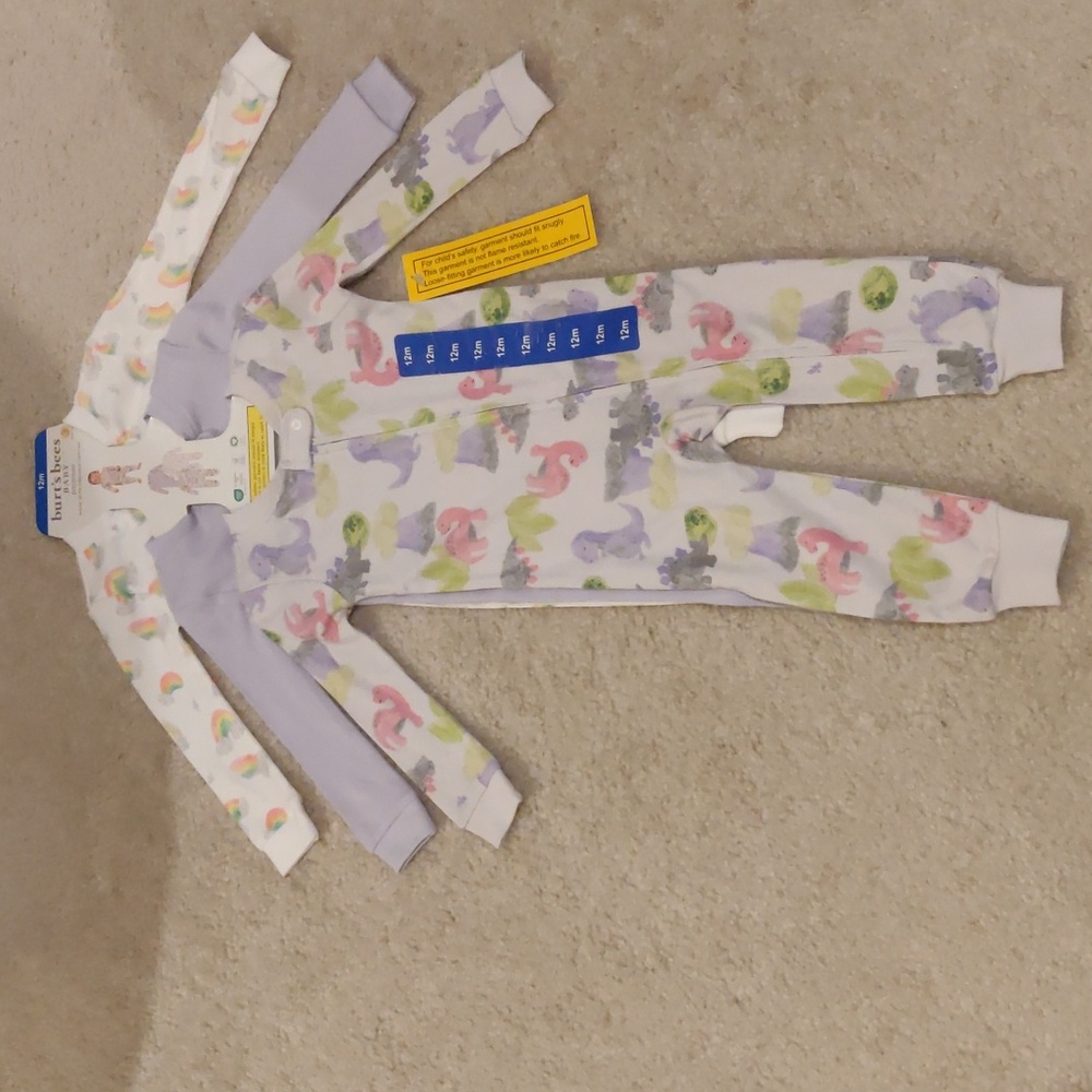 New! Burt's Bees Baby Girl Footless 3 Piece Zipper Pajamas Set Organic Cotton - Picture 2 of 14
